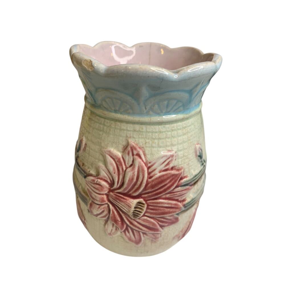 Antique Majolica Floral Vase 5.25 Inch Pink Blue Marked "H"